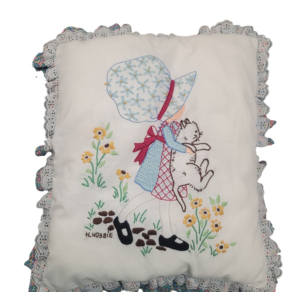 Vintage Holly Hobbie Embroidered Pillow Cottagecore Nostalgia Ruffle Lace 18x22